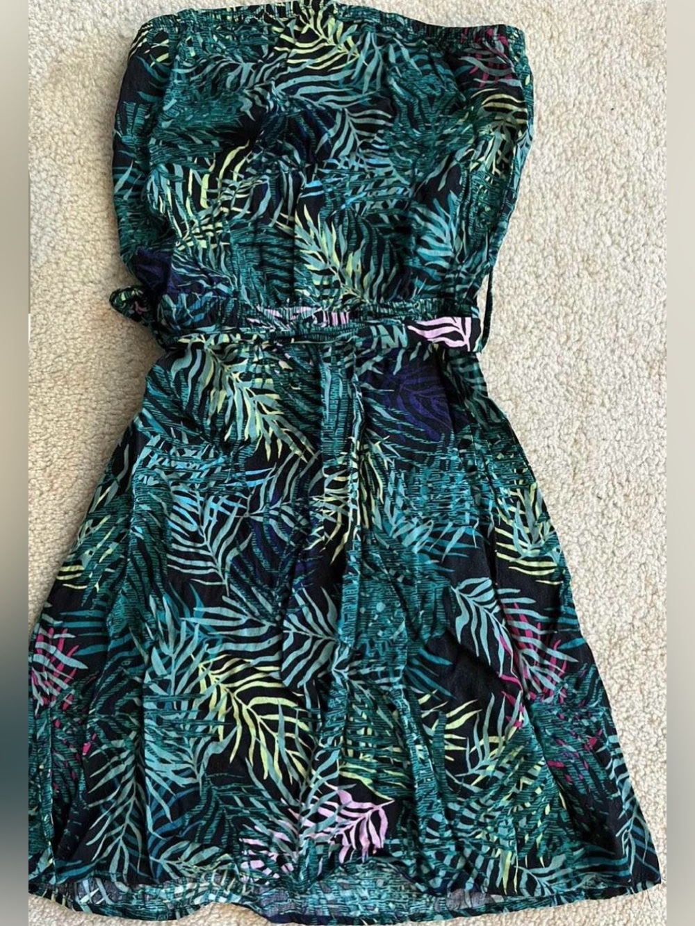 Kismet Tropical Leaf Print Strapless Dress in Teal and Black